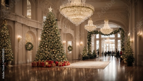  A grand entrance hall adorned with sparkling Christmas lights and a towering tree  inviting you into a world of luxury and holiday cheer.