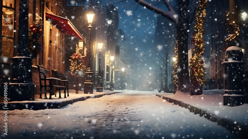 snowy christmas street with christmas lights