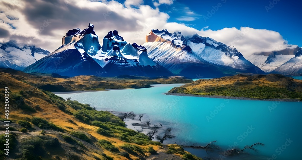 Lake And Mountain In A Landscape In Chile Background Torres del Paine, National Park, Patagonia, Chilean Wilderness, 