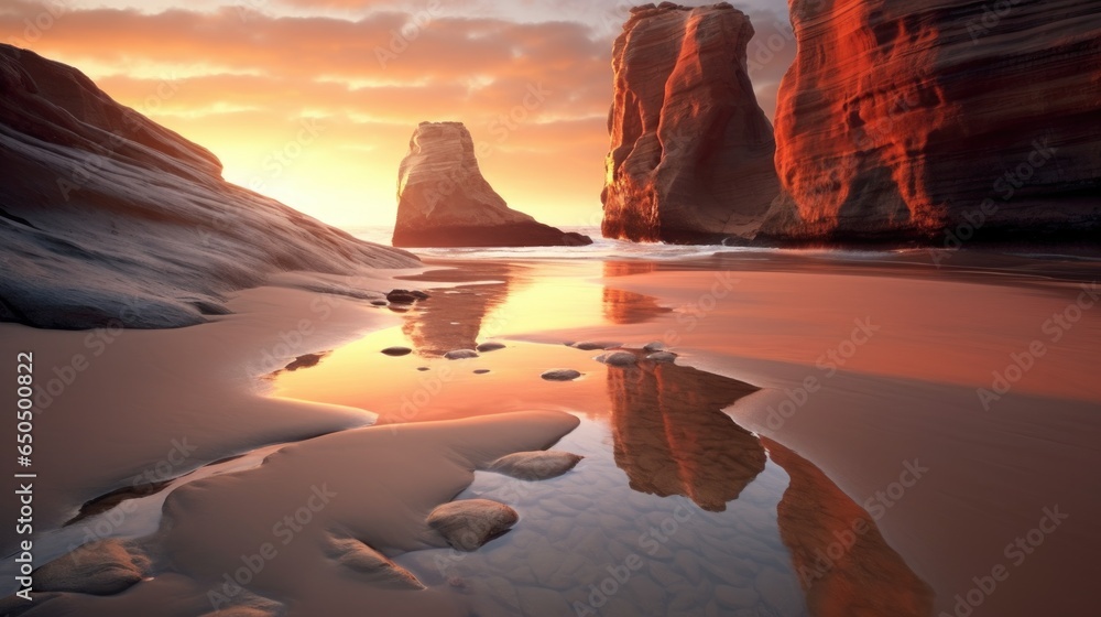 Seaside cliffs reflecting on the beach during sunset. Beautiful landscape with red cloudscape in Utah. - obrazy, fototapety, plakaty 
