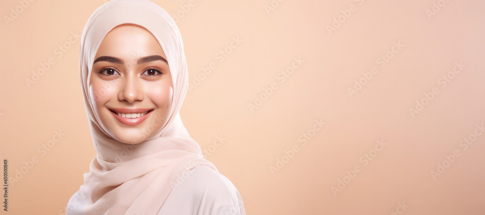 Malay woman with healthy skin on beige copy space