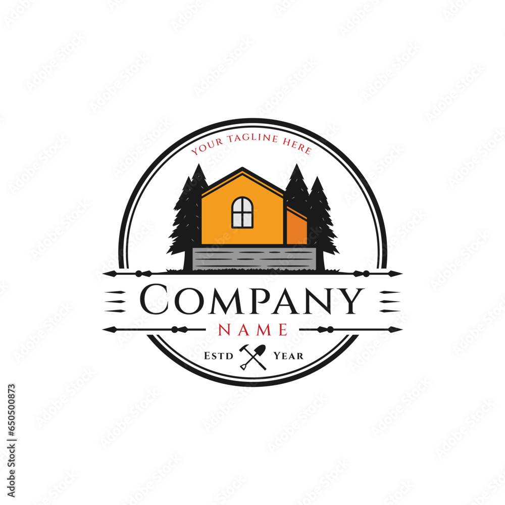 Logo with House or Barn and Pine Tree for Outdoor Business or Farming