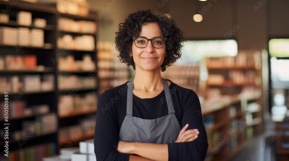 Happy store clerk in a bookstore. Librarian in a school library. Cafe employee smiling at work. Happy store clerk in a bookstore. Librarian in a school library. Cafe employee smiling at work.