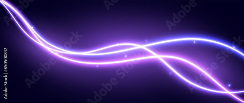Neon glowing waves background. Purple pink wavy flowing curve shapes wallpaper. Electric light swirl lines with sparkles. Magic shiny violet trails backdrop. Vector abstract wavy path illustration