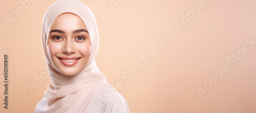 Obraz na płótnie Malay woman with healthy skin on beige copy space w salonie