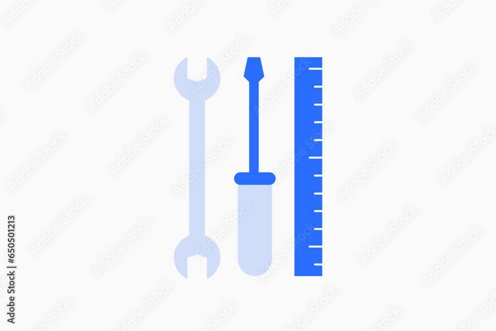 Geometric work equipment illustration in flat style design. Vector illustration. Duotone blue. Geometric work equipment illustration in flat style design. Vector illustration. Duotone blue.