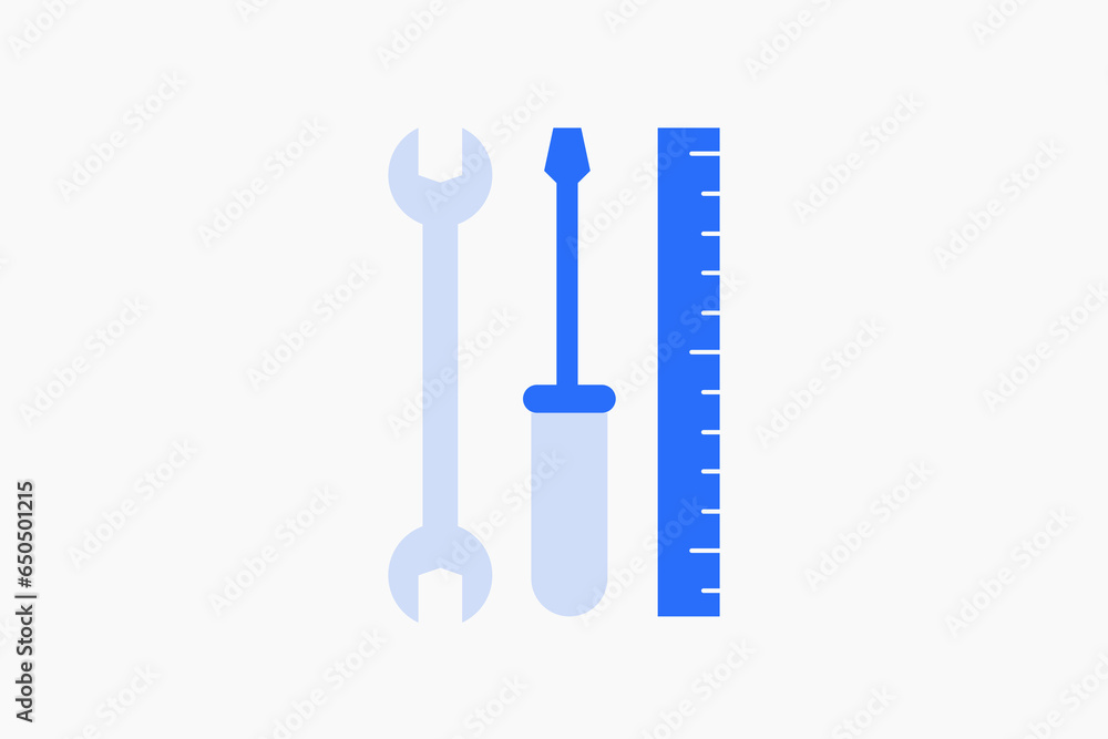 Geometric work equipment illustration in flat style design. Vector illustration. Duotone blue. Geometric work equipment illustration in flat style design. Vector illustration. Duotone blue.