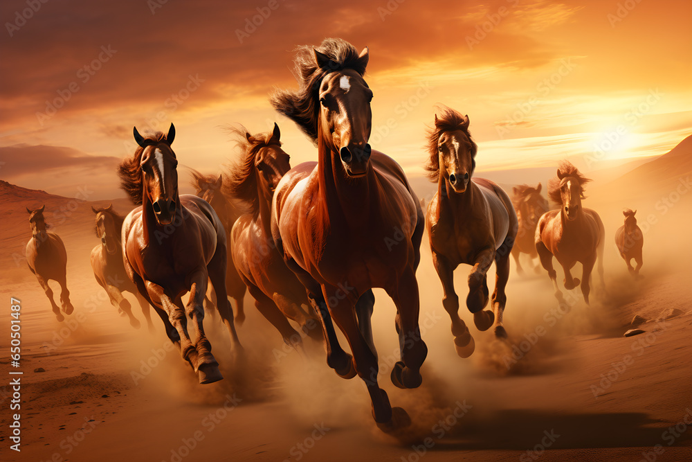 a group of horses running in the desert at sunset.