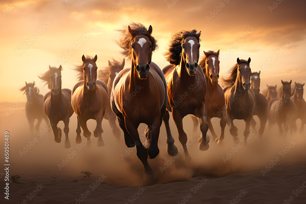 Fototapeta premium a group of horses running in the desert at sunset.