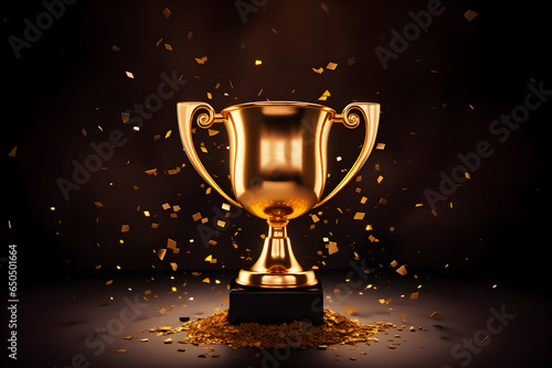a golden trophy on a golden background with confetti © Rangga Bimantara