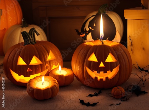 Halloween holiday background. Halloween scary pumpkins head jack lanterns with burning candles in dark spooky mystery forest, Halloween Party Card. Generative AI