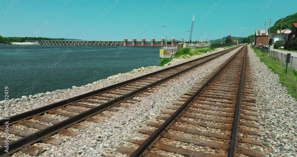 Low sideways dolly shot of railway passing next to lock and dam 4, USA Low sideways dolly shot of railway passing next to lock and dam 4, USA