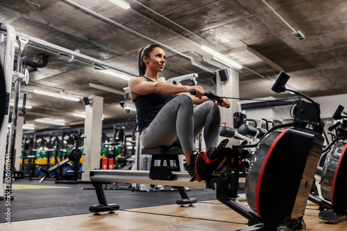 A strong sportswoman is doing workouts for legs on a rowing machine.