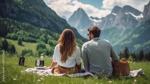 Young couple in love doing picnic visiting alps dolomities. Boyfriend and girlfriend sitting and looking at the beautiful scenic green meadow landscape