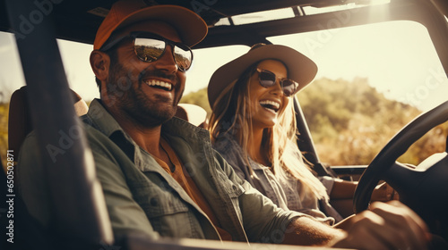 Young couple on a off road adventure excursion outside - Joyful tourists enjoying weekend activity on summer vacation - Tourism tour activities, transportation and summertime holidays concept 