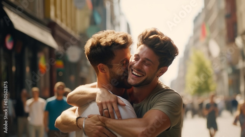 Young gay couple hugging and kissing in city street - Happy homosexual guys celebrating pride day together - Lgbt concept © lahiru