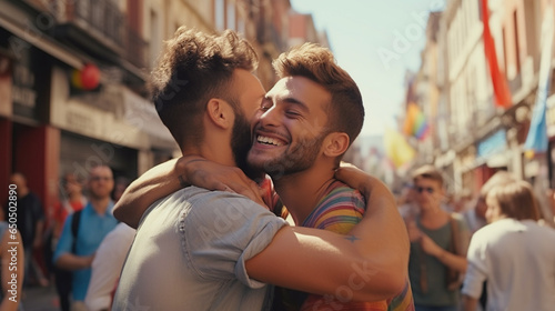 Young gay couple hugging and kissing in city street - Happy homosexual guys celebrating pride day together - Lgbt concept 