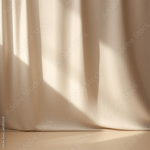 Empty curtains on beige background. Mock up Product display podium with Generative Ai.