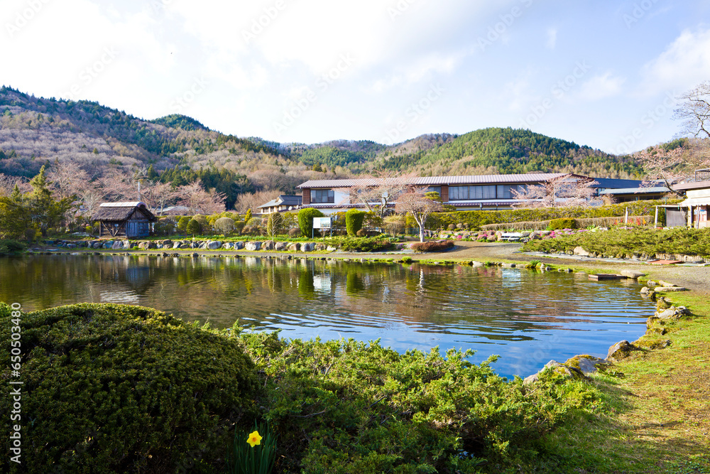 Lake and mountains at Oshi no Hakkai village in Yamanashi prefecture, Chubu, Japan.