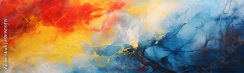 An abstract painting featuring vibrant red, yellow, and blue colors, emphasizing color contrast, reminiscent of rococo style art