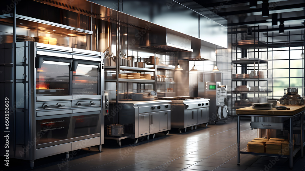 Industrial kitchen. Restaurant modern kitchen. large commercial kitchen with ovens - obrazy, fototapety, plakaty 