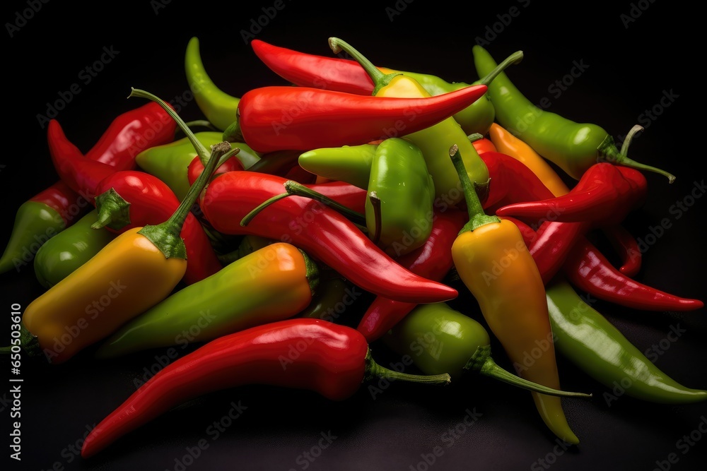 This photograph showcases hot peppers with selective focus on a black background. It features a toned effect, creating a captivating visual impact.

 Generative AI