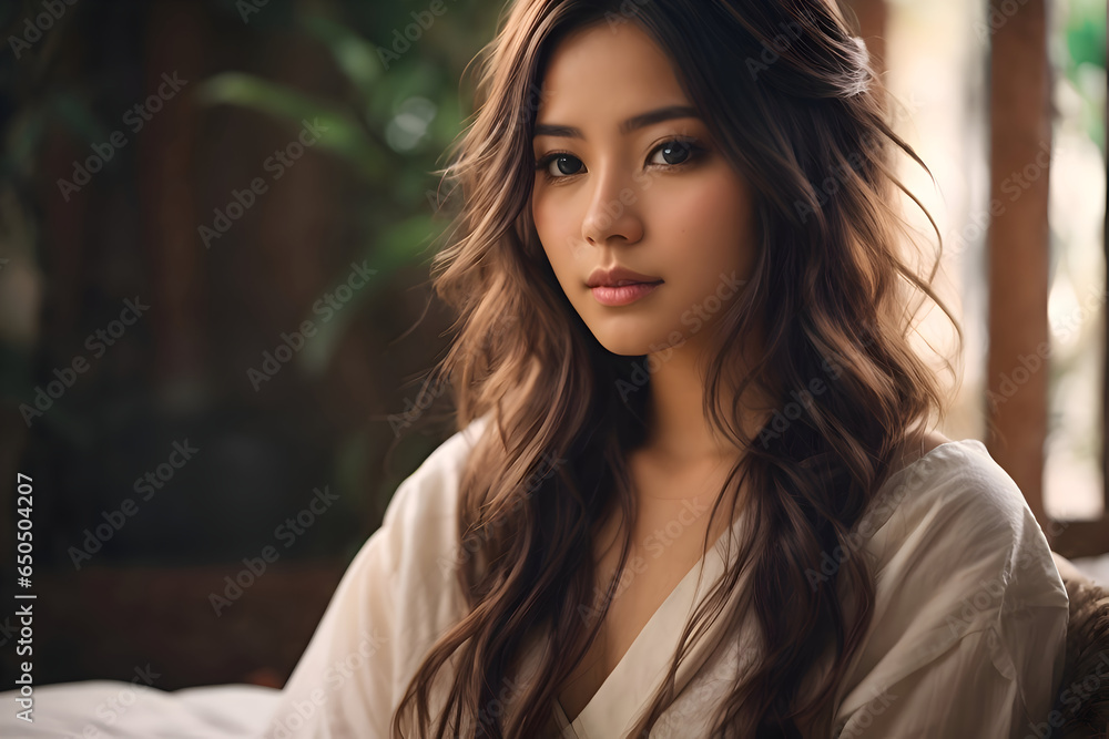 A Cute Young girl Leaning on Pillow On the Bed A Cute Young girl Leaning on Pillow On the Bed