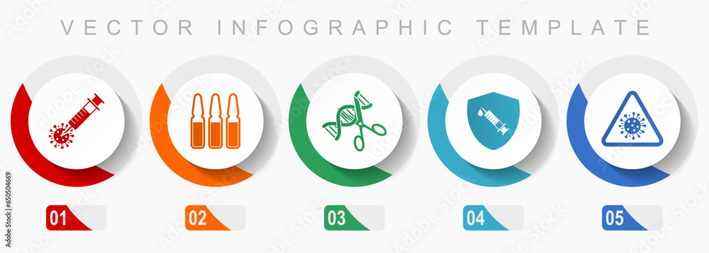 Covid-19 icon set, miscellaneous icons such as vaccine, ampule, dna, shield and flu, flat design vector infographic template, web buttons in 5 color options Covid-19 icon set, miscellaneous icons such as vaccine, ampule, dna, shield and flu, flat design vector infographic template, web buttons in 5 color options