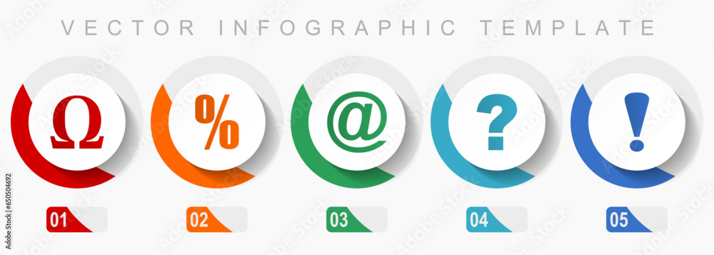 Symbols icon set, miscellaneous icons such as omega, percent, at, question mark and exclamation sign, flat design vector infographic template, web buttons in 5 color options Symbols icon set, miscellaneous icons such as omega, percent, at, question mark and exclamation sign, flat design vector infographic template, web buttons in 5 color options
