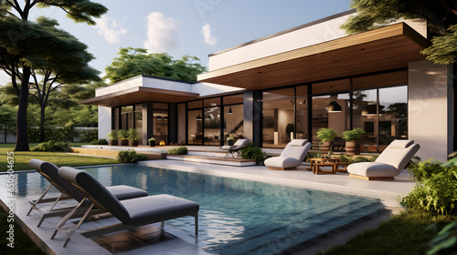 modern home with a swimming pool in woods. swimming pool and decking in garden of luxury home © Rangga Bimantara