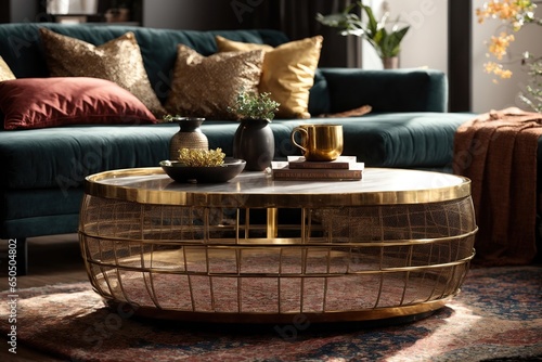 A stunning close-up of a brass metal mesh round coffee table, perfectly placed near a sleek black sofa,with the natural light from the window casting a warm glow. The style of this modern living room
