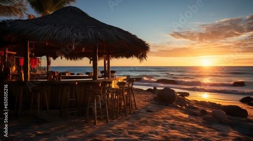 A hyperpop minimalism scene featuring a tiki hut bar during the golden hour