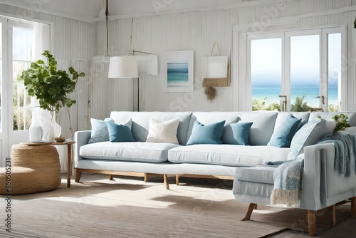 a Scandinavian sofa with a coastal cottage feel, featuring slipcovers and beachy decor © ayesha
