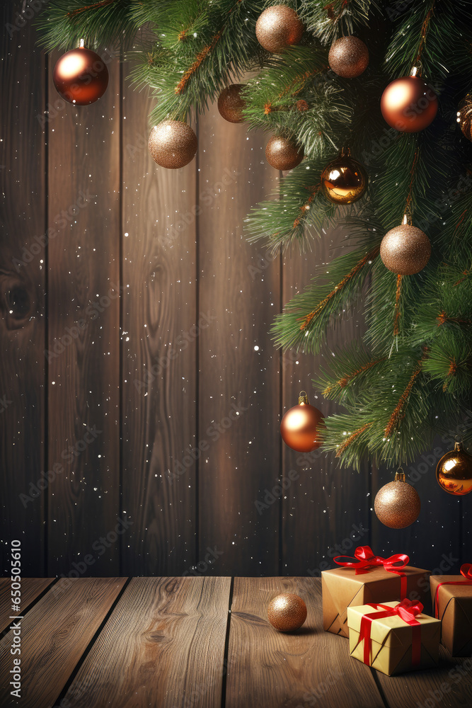 Φωτογραφία Christmas or New Year banner on wooden dark background with decorated Christmas tree, with gold and red balls and gifts, with place for text