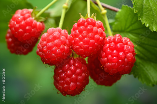 Raspberries in the summer garden. Raspberries on a branch with leaves close up.