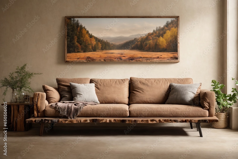 a rustic sofa and live edge coffee table, both made from reclaimed wood, against a neutral beige wall. The large mock up poster frame adds a touch of modernity to the otherwise rustic scene a rustic sofa and live edge coffee table, both made from reclaimed wood, against a neutral beige wall. The large mock up poster frame adds a touch of modernity to the otherwise rustic scene
