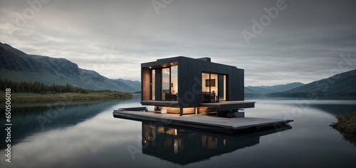 minimalist tiny home made of gray slate, perched on the edge of a lake, with a unique architectural design that blends seamlessly with the natural landscape 