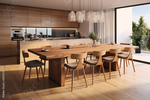 interior modern kitchen with wooden table and chairs on wooden floor. modern home furniture interiors  furniture layouts  decor inspiration