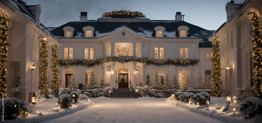 he exterior of a lavish mansion, draped in elegant garlands and wreaths