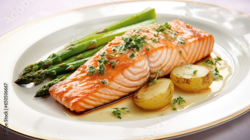 Tender salmon fillets are nestled on top of browned green asparagus and sliced cooked potatoes sprinkled with minced garlic, lemon juice and fresh herbed parsley created with Generative AI Technology