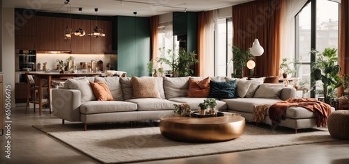 Playful interior design of studio apartment, modern living room and kitchen