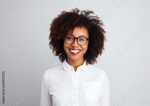 Cheerful african woman who is dressed in white clothing wearing a white shirt looking at the camera