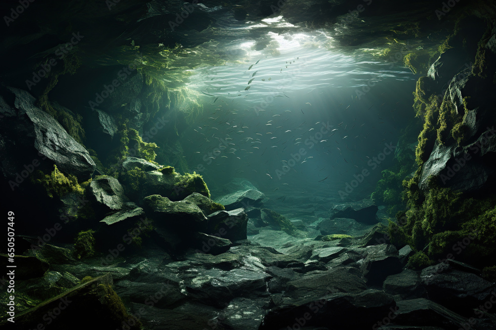 Underwater view of a cave with fish in the water and sunlight. 