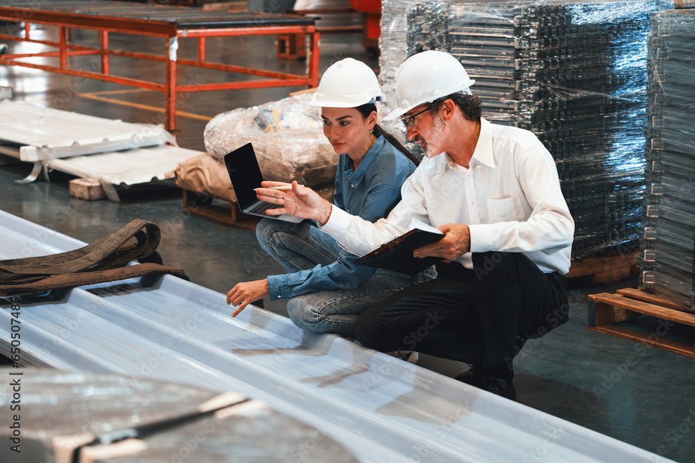 Metalwork manufacturing factory manager inspect newly manufactured metal or steel sheets and frame in factory. Inspection and quality control process ensure highest quality product. Exemplifying