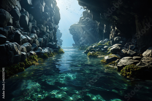 Underwater view of a cave in the sea with sunbeams.