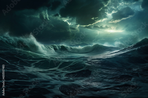Stormy sea waves with stormy sky. 3D render illustration. 