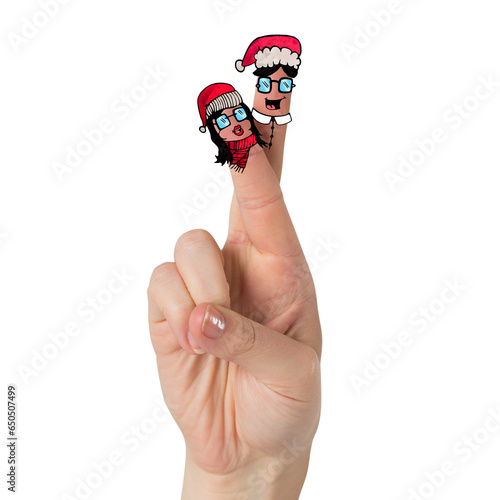 Digital png illustration of fingers with couple with santa hats on transparent background