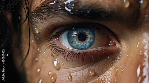 Human eyes with cold blue gray pupils shed tears as a cry of loneliness and deep sadness with air droplets created with Generative AI Technology