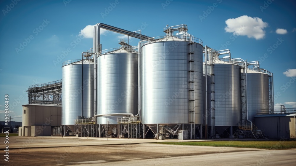 Large storage tanks and silos used for storing raw materials.