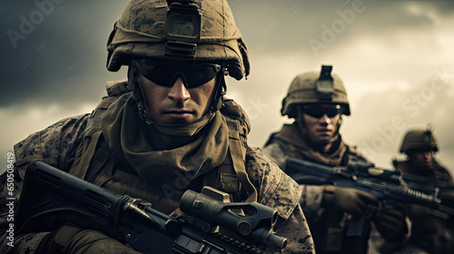 Special team of marine soldiers with full weapons and body armor helmet protection on the battlefield 